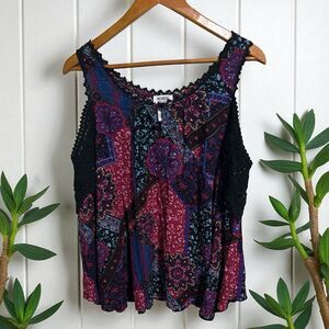 Monroe & Main Tunic Womens XL Boho Patchwork Top Flutter Sleeves Lace Trim